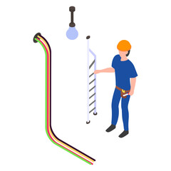man fixing transmission line in basement isometric Concept, working on stairwell in corridor vector icon design, Electrical engineer symbol, Wiring specialist Sign, maintenance technician tool stock