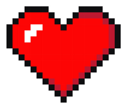 Pixel red heart icon isolated on white background. Vector illustration. Pixel art style 8-bit. Heart object to use in computer game, websites. Minimalistic pixel graphic romantic object symbol of life