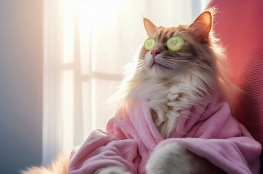 A cat in a bathrobe is resting from spa treatments on his face with a cucumber.