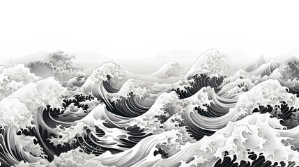 Seamless drawing wave Japanese style black and white Generative AI