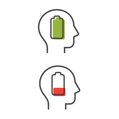 Burnout or tired icon with a head and low battery and with full green battery.