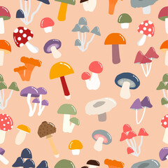 Hand drawn scandinavian seamless patterns with different mushrooms and amanita on pink background. Flat vector illustration. Autumn texture for thanksgiving, harvest and halloween