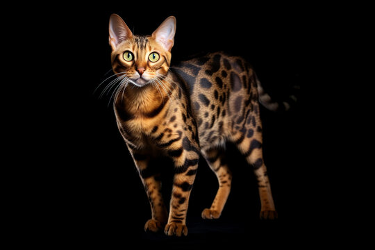 Full length adult bengal cat isolated on black background