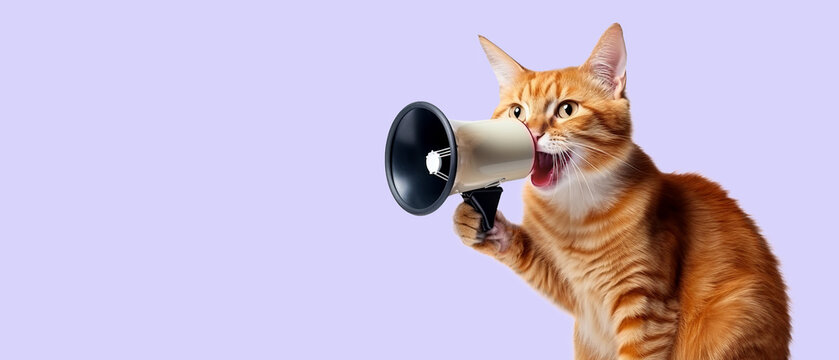 Funny red cat is holding a loudspeaker and screaming on a purple background.