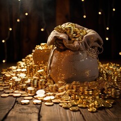 A bag of gold coins. Great for stories about adventure, treasure, pirates, fantasy, wealth, business and more. 