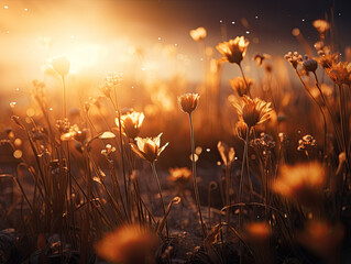 Amidst a tranquil and introspective ambiance, a blossoming field radiates under the soothing sun, bathed in the warm tones of dark orange and light beige, with a touch of lens flare - obrazy, fototapety, plakaty
