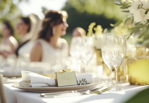 Beautiful luxury wedding table decoration idea and inspiration with flowers and generic stylised design for a summer wedding celebration outdoors in the English style floral garden. Generative Ai