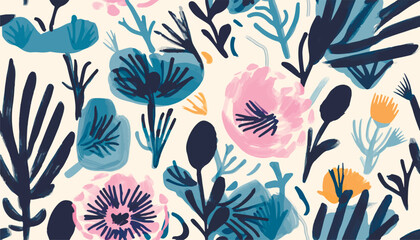 Hand drawn abstract trendy flowers pattern. Collage contemporary print. Fashionable template for design