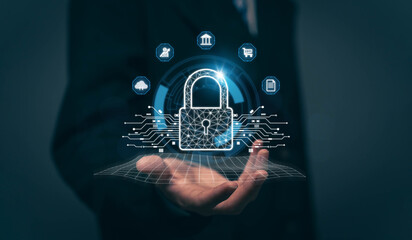 Businesswoman locking sensitive financial data for cyber security protection. cyber security concept User Privacy Security and Encryption Future technology and cybernetics lock screen key