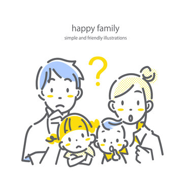 考える4人家族　シンプルで抜け感のあるお洒落な線画イラスト