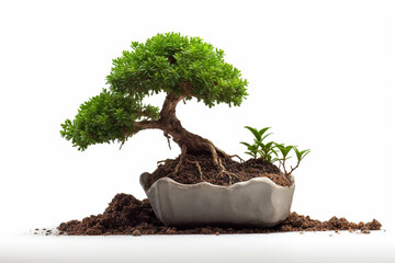 Bonsai Tree and soil on a white background