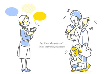 4人家族と説明をする担当女性スタッフ　シンプルでお洒落な線画イラスト
