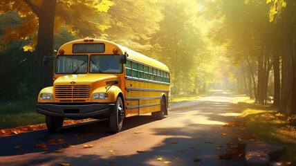 School bus parked on the road concept of going background - obrazy, fototapety, plakaty