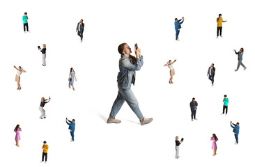 Different people, men and women using gadgets, taking selfie with phone,. Social media....