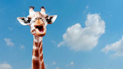 The head of a funny giraffe against the sky.