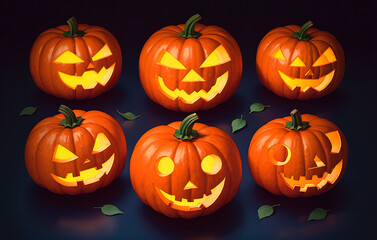 Halloween pumpkins on a dark background. Generative AI.