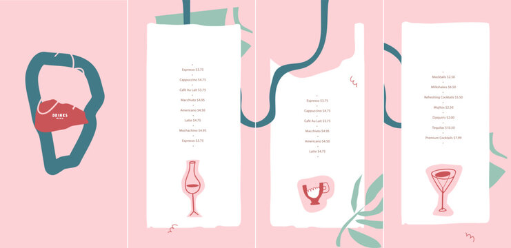 Drinks menu. Vector template. List, flyer, menu, banner. Layout for outdoor restaurant, pool bar. Abstract forms, stylized images of glasses for wine, coffee, cocktail. 