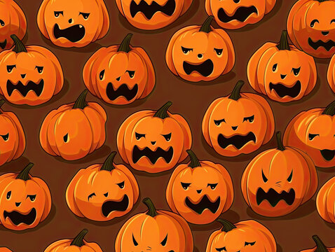 Halloween pumpkins with scary emotions on brown background, creating a spooky atmosphere