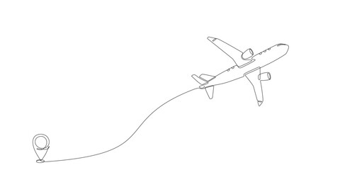 Continuous single line of Airplane path with flight route and starting point location. One line airplane route with start point and trace. Drawing for business, travel or journey Editable stroke