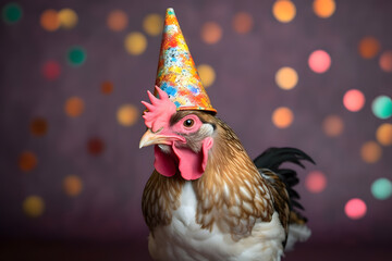 Funny and friendly cute rooster wearing a birthday party hat in studio, on a vibrant, colorful background. Generative AI