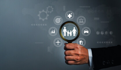 Search for family insurance, hand business people searching for life or health insurance plans, business, finance, travel for their future family.