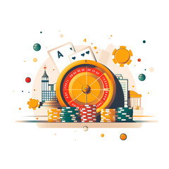 Minimalist vector illustration designed by AI. Perfect for websites and blogs in Casino,, this flat design cartoon shows a roulette wheel with stacks of chips and a clock.