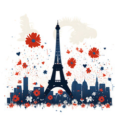 This minimalist vector illustration of the Eiffel Tower in the background of a Bastille Day flower-filled Paris was designed by AI. Perfect for websites and blogs.