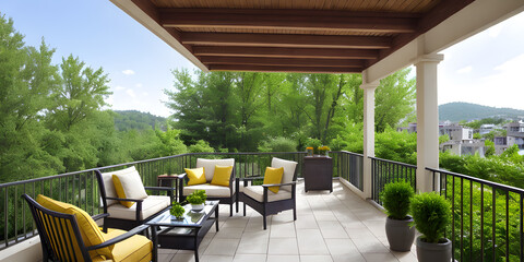 Sitting place in outdoor resort house terrace exterior with green foliage of trees
