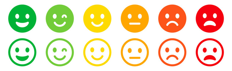 Emoticons icons set. Emoji faces collection. Emojis flat style. Happy happy, smile, neutral, sad and angry emoji. Line smiley face - stock vector - obrazy, fototapety, plakaty