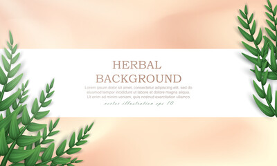 Beige web banner with realistic twigs with green leaves in the corner. Poster, herbal background with olive tree branches. Wallpaper with herbs, foliage and text. 