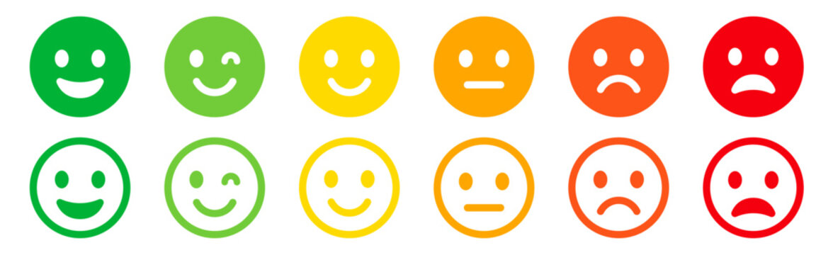 Naklejki Emoticons icons set. Emoji faces collection. Emojis flat style. Happy happy, smile, neutral, sad and angry emoji. Line smiley face - stock vector