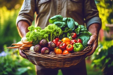 A farmer inspecting a basket of freshly harvested vegetables, displaying the fruits of their labor and promoting the freshness and quality of farm-to-table produce. Generative AI
