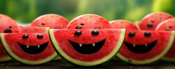 Smilling red fresh watermelon with black seeds in,  summer healthy food panorama. Generative Ai.