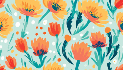 Hand drawn dynamic artistic flowers print. Cute collage pattern. Fashionable template for design