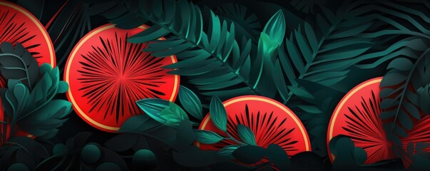 Dark summer pattern featuring sliced watermelon and tropical leaves, panorama. Generative Ai.