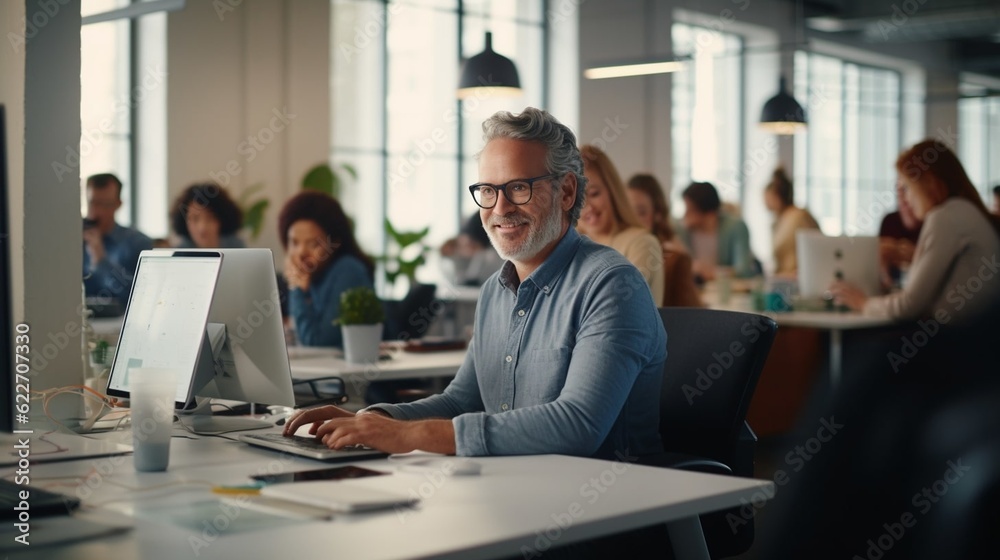 Wall mural depictions of an older employee helping a younger co-worker with a tablet, laptop, or other office equipment.