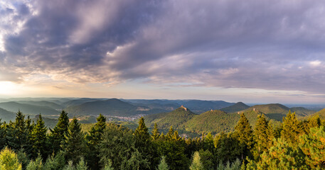 Panorama of Palatinate Forest with Trifels Castle seen from Rehbergturm, Rhineland-Palatinate,...