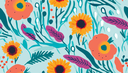 Fototapeta na wymiar Hand drawn dynamic artistic flowers print. Cute collage pattern. Fashionable template for design