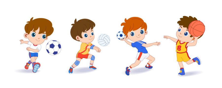 Happy children playing sport game, doing physical exercise. Training set. Active healthy childhood. Flat vector cartoon illustration isolated on white background