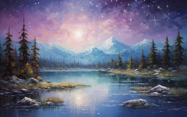 Stickers muraux Forêt dans le brouillard Serene and atmospheric painting that depicts nature and starry sky AI Generative