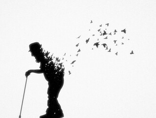 Old man with cane. Death and afterlife. Birds fly. Abstract silhouette - 622708326
