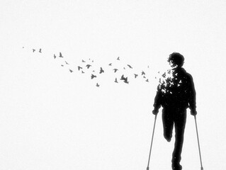 Man on crutches. Death and afterlife. Flying bird. Abstract silhouette - obrazy, fototapety, plakaty