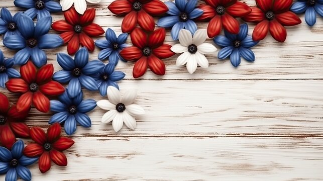 red blue and white 3d flowers with wooden background copy space for text