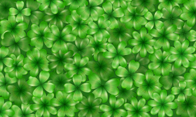 Template of wallpaper with 3d realistic green clovers pattern. Vector banner with trefoil as an Irish symbol, sign of luck. Background with shamrock for Saint Patrick Day
