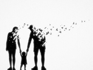 Family silhouette. Child and dying parent outline. Death and afterlife - 622708933