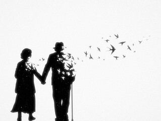 Elderly couple silhouette. Death and afterlife. Flying swallows flock - 622708971
