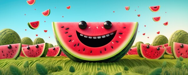 Smilling red fresh watermelon with black seeds in,  summer healthy food panorama. Generative Ai.
