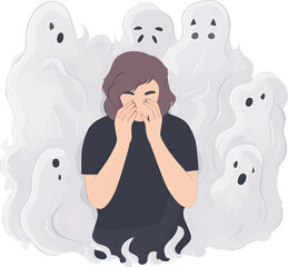 A Sadness Child have a Mental Illness Psychological Phenomena sitting with Lonely Ghost