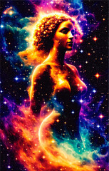 Woman silhouette in space with stars and nebula. The concept of God in the image of a female against the background of the universe. Generative AI.
