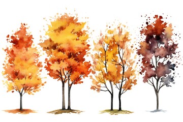 Watercolor autumn trees clip art on white background Generative AI 